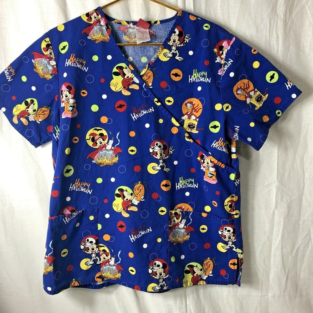 DISNEY SCRUBS MICKEY & MINNIE MOUSE HALLOWEEN ROYAL BLUE MOCK WRAP SCRUB MEDIUM